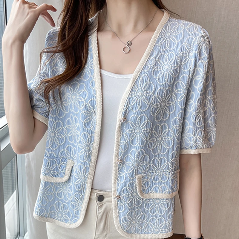 

Summer Blouse Women Short Sleeve V-Neck Embroidery Chiffon Blouse Shirt Tops Blouse Women Blusas Mujer De Moda 2021 Blouses F61