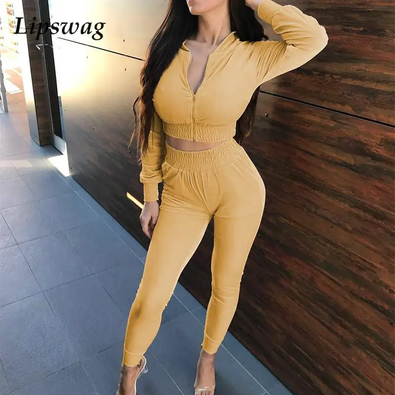 

Casual Fashion Solid Outfits Sportswear Autumn Winter Velvet Suit Tracksuit Women Zip-up Tops And High Waist Pants Two Piece Set