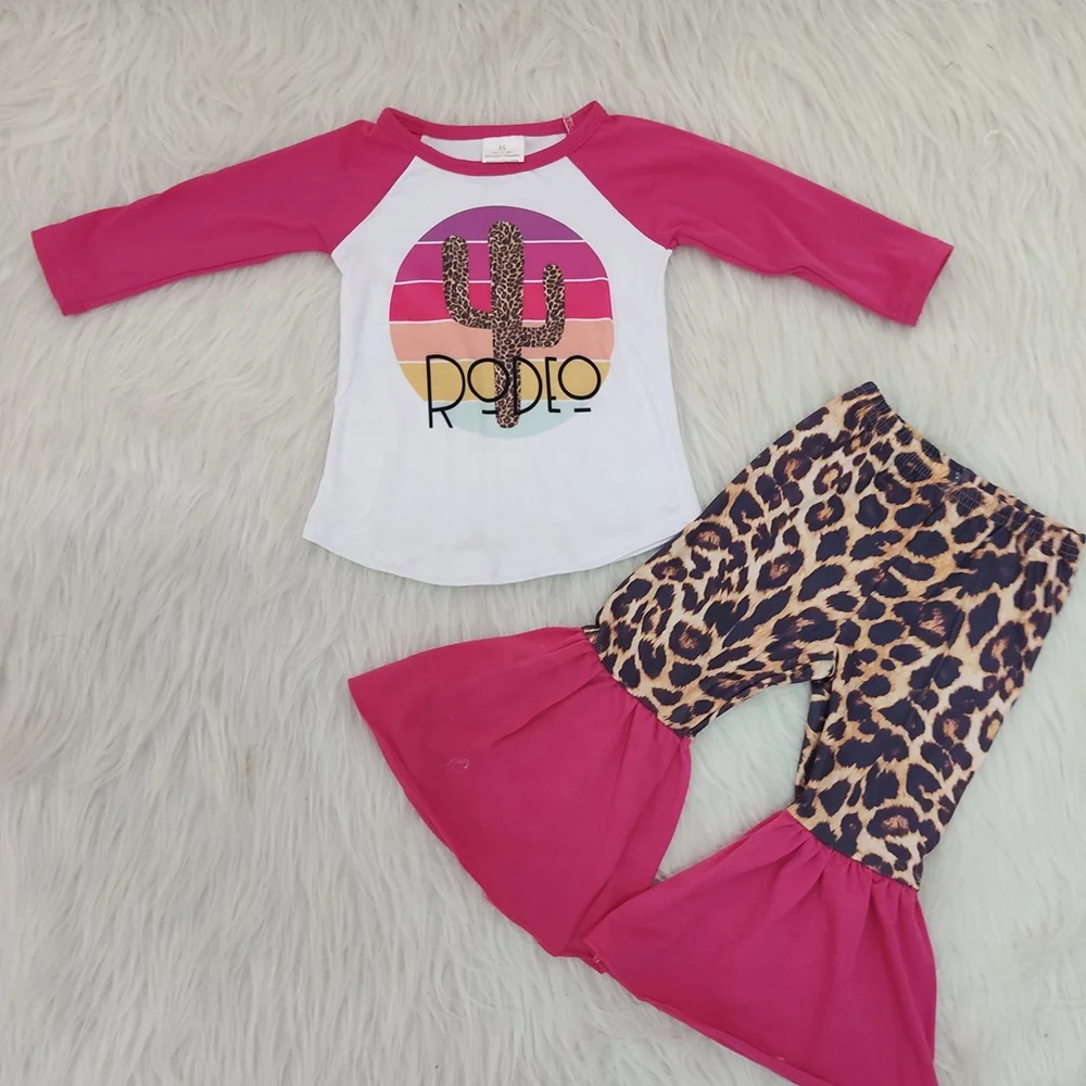 

Girls clothes fashion baby kids outfits pink long sleeve shirt bell bottom pants cactus print toddler boutique RTS clothing sets