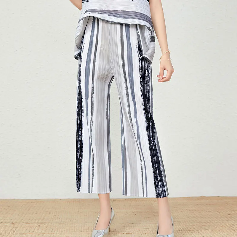 Trousers Women  2022 Summer Colorful Stripes Print Stretch High Waist Miyake Pleated Wide Leg Pants Ankle Length