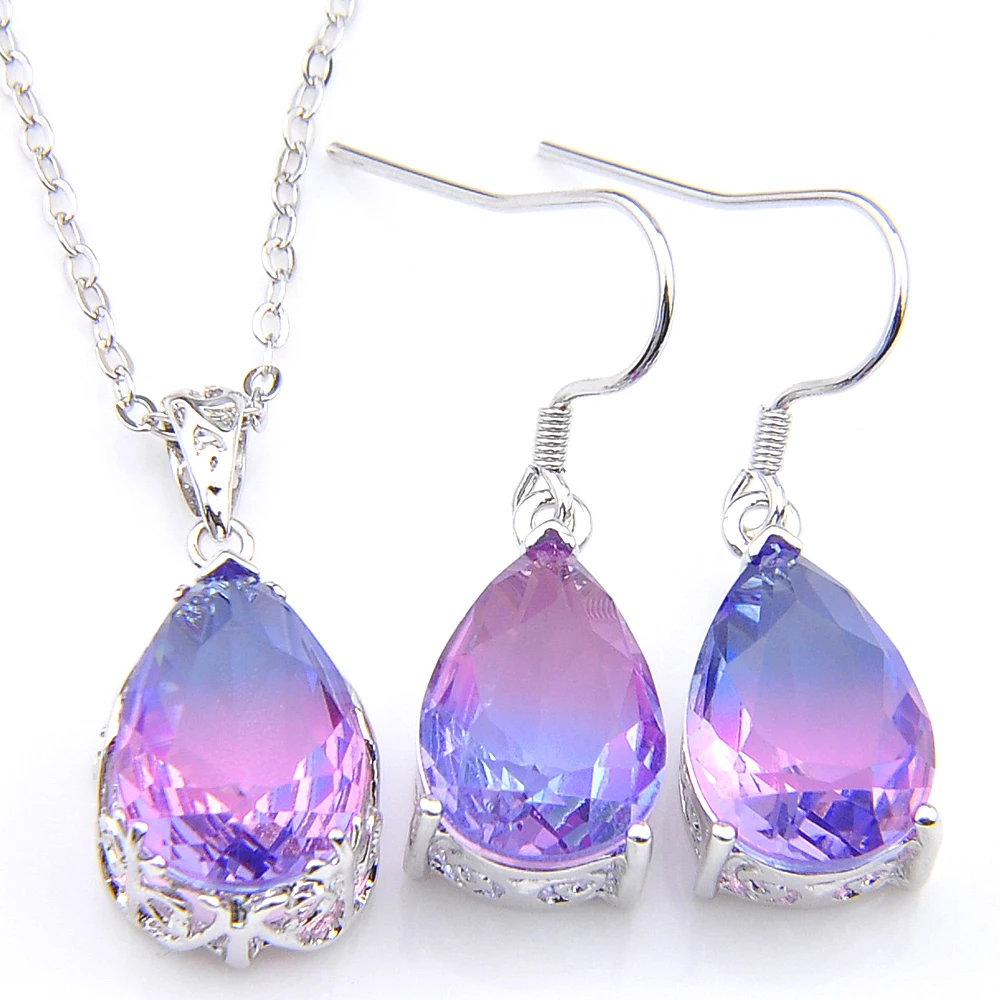 Purpel Luckyshine,, 925 серебряное ожерелье, подвеска, серьги, Женские Ювелирные наборы, Би цветные, турмалин, фиолетовый, капля воды, набор - Окраска металла: Purpel