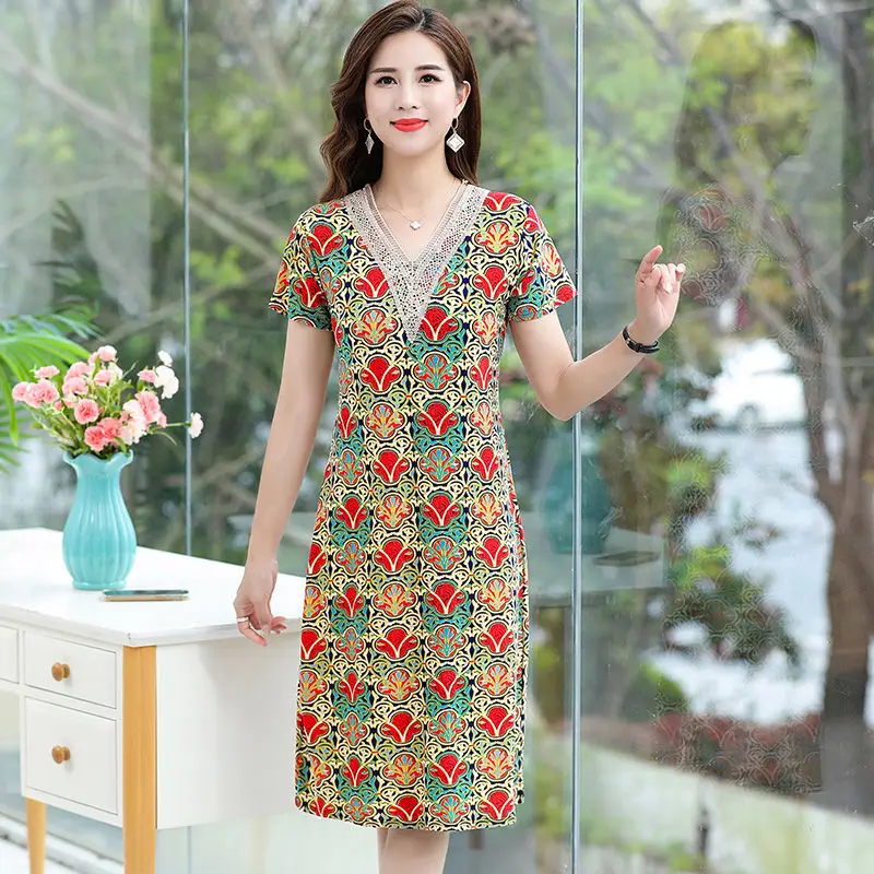 

Новинка лета 2021, женские платья для женщин среднего возраста с принтом, женское свободное платье с V-образным вырезом, женские тонкие прямые ...