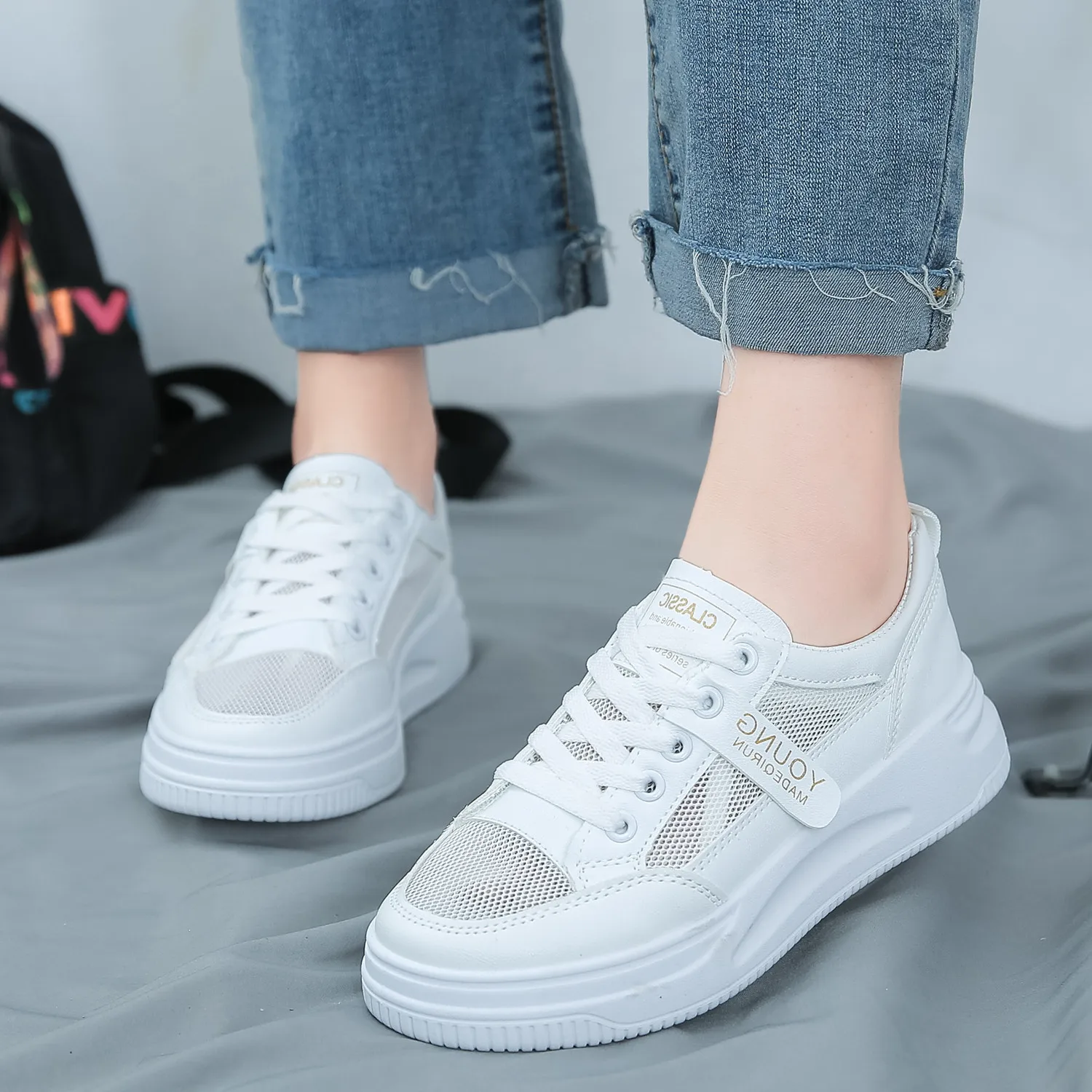 Small white shoes for women's shoes 2021 summer new hollow out breathable single thick bottom sports shoes sneakers net thin
