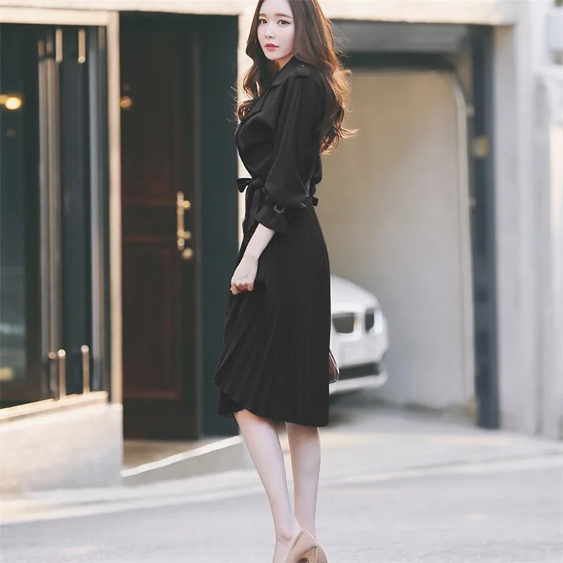 

CBAFU office lady OL pleated dress women blazer party dresses with belt spring autumn long sleeve midi dress notch collar M320