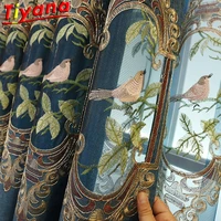 chinese classical luxury bird embroidery curtains for living room blue thick chenille semi blackout curtains for hotel vt