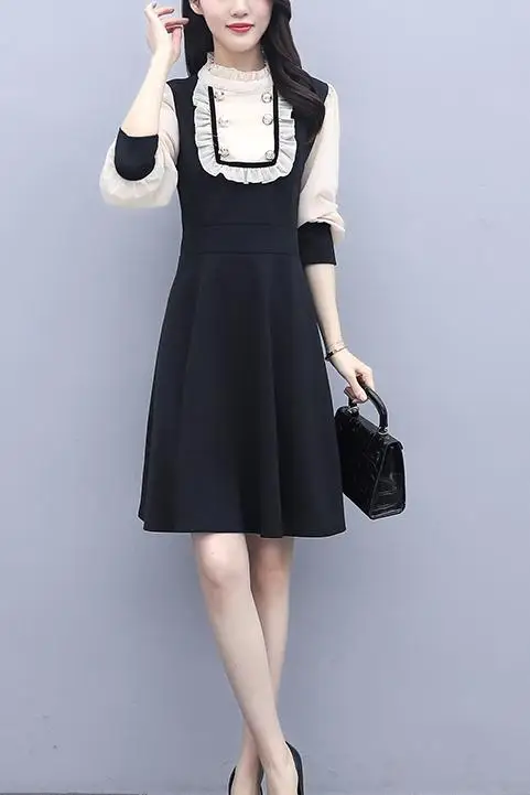 

COIGARSAM 4XL Plus Size Fashion Patchwork Women Long dress New Chiffon Dresses Black 8005