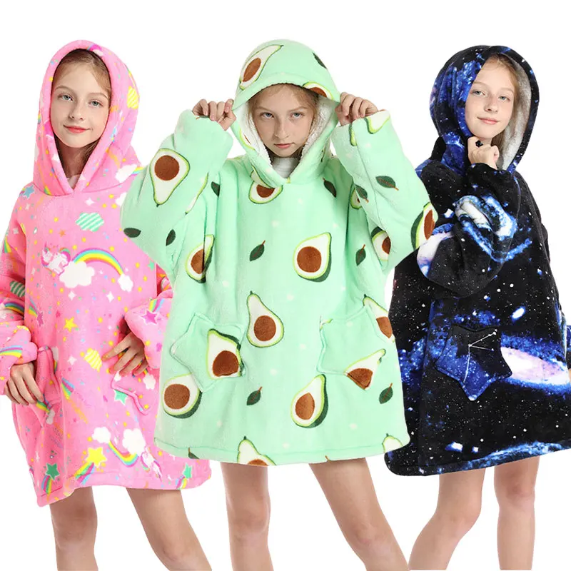 

Толстовки для девочек с принтом авокадо, детская одежда для дома из флиса, детские толстовки большого размера, теплая одеяло для подростков, Детские повседневные топы