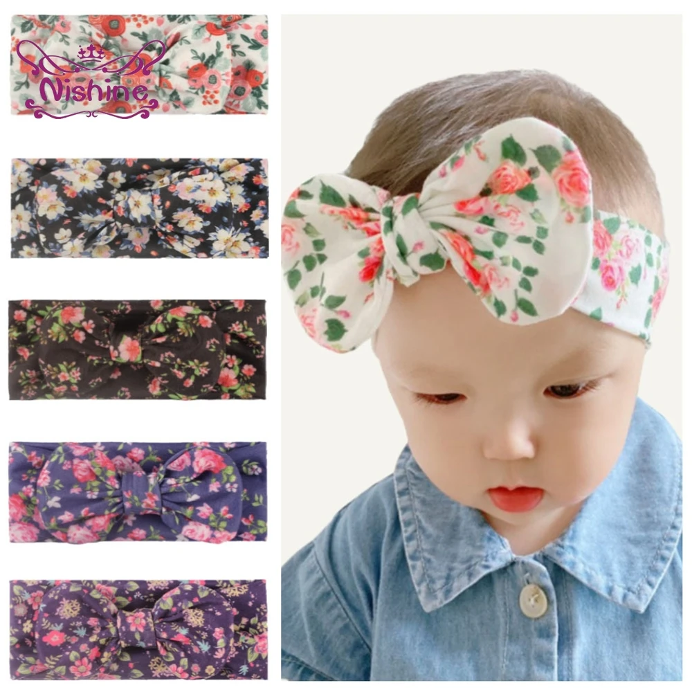

Nishine Fashion Flowers Pattern Bowknot Elastic Hairband Baby Girls Cute Print Bows Headband Kids Accessories Party Decoration