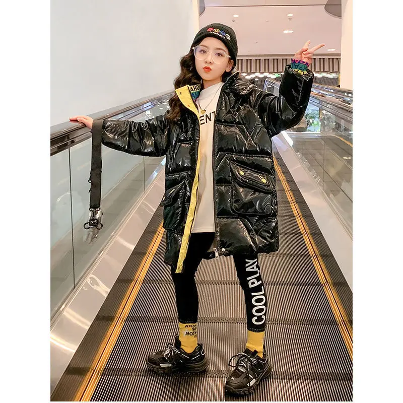 

Новый Зимний Блестящий Комбинезон для девочек, модный пуховик с длинным рукавом и капюшоном, с хлопковой подкладкой, детская куртка