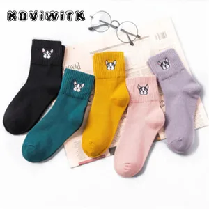 Милые вязаные хлопковые носки с вышивкой французского бульдога, пять цветов, зимние осенние теплые носки, Прямая поставка, женские носки в стиле Харадзюку с изображением мопса для женщин