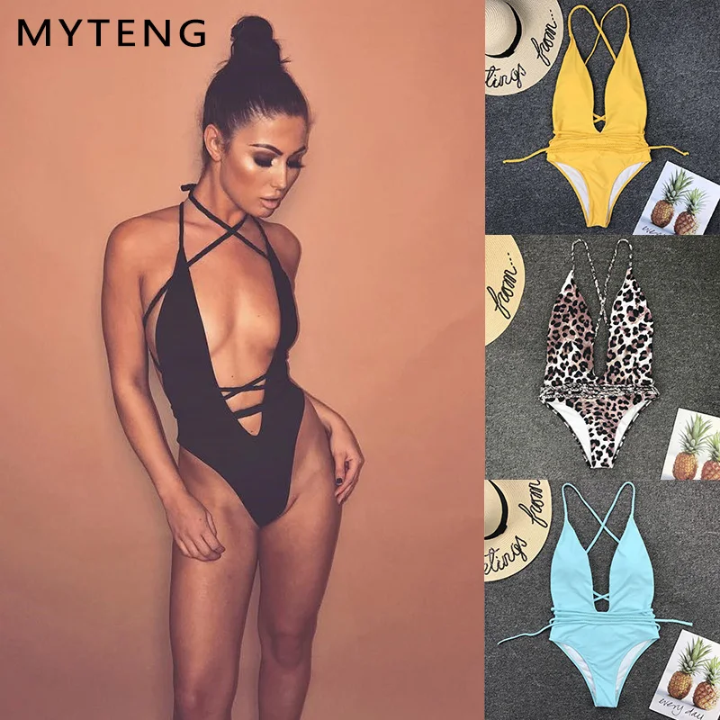 Женский слитный купальник-бикини MYTENG однотонный купальник с глубоким V-образным