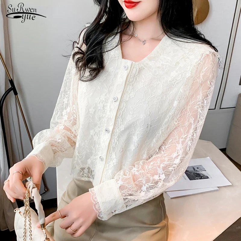 

2021 Gentle Mesh Hook Flower Hollow V-neck Top Spring French Long-sleeve Lace Blouse Women Fashion Sweet Embroidered Shirt 13212