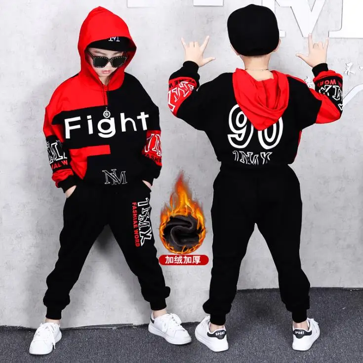 red sets Зимняя детская теплая одежда, комплект одежды для мальчиков 3, 4, 5, 6, 7, 8, 9, 10, 11, 12 лет, спортивные костюмы, толстовки с капюшоном и штаны для мальчиков - Цвет: red sets