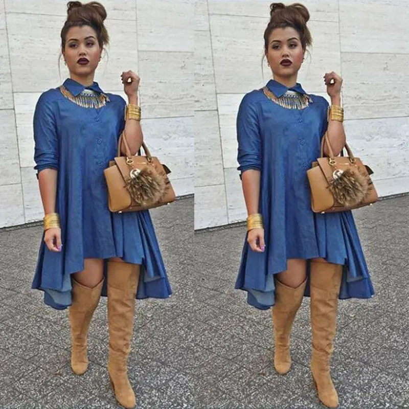 2019 Retro Fashion Ladies Women's Blue Jeans Denim T-Shirt Long Sleeve Casual Loose Shirt Dress Blouse Jumpsuit | Женская одежда