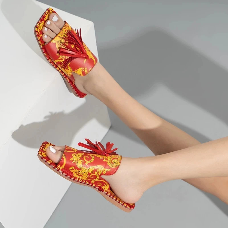 

Retro Style Totem Fringe Decor Square Toe Flat With Women Slippers Ladies Summer Sandals Comfortable Outside Slides Shoes