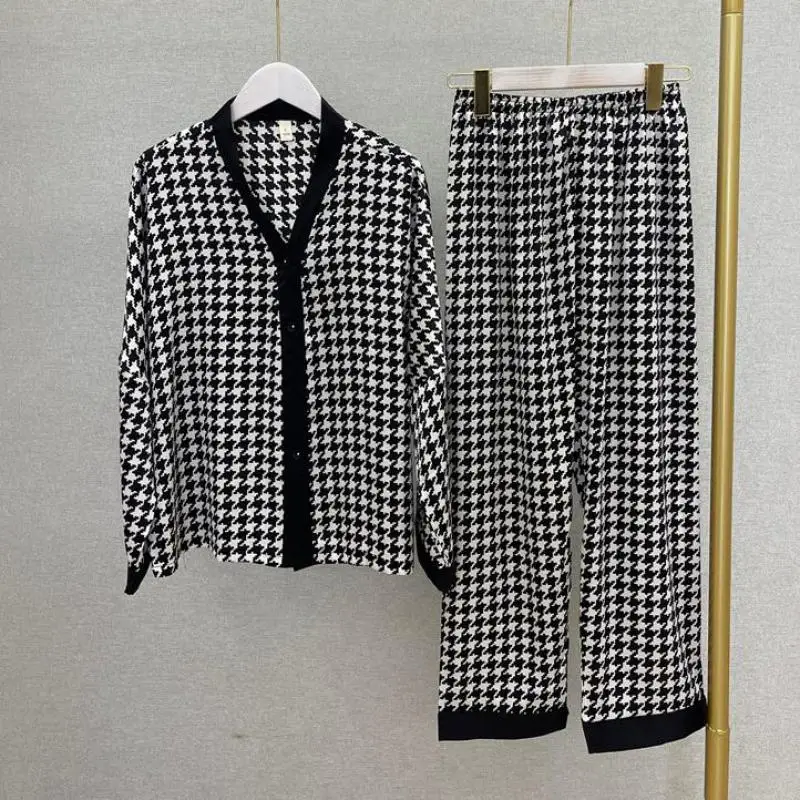 

Loungewear Houndstooth Women 2 Pieces Pajamas Set Satin Sleepwear Shirt&Pants Casual Pyjamas Soft Home Clothes Intimate Lingerie