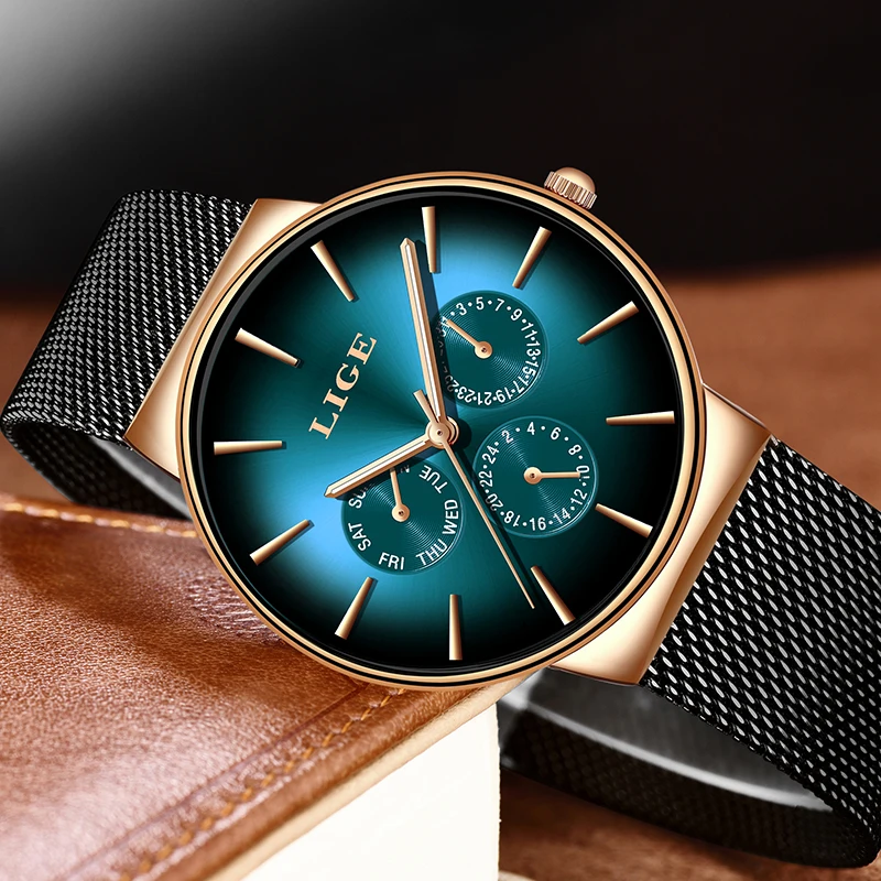Часы наручные LIGE мужские с сетчатым ремешком креативные брендовые люксовые