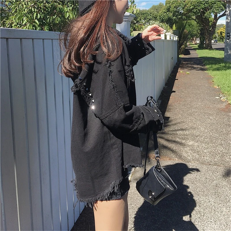 

Autumn 2019 Rivet Denim Jacket Women Casual Tassel Jeans Jacket Elegant Long Sleeve Bomber Jacket Women's Denim Coat Outerwear