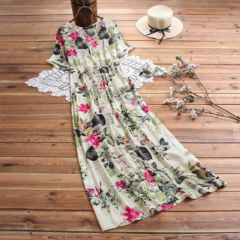 

ZOGAA Women Vintage V Neck Floral Printed Long Dress Summer Short Sleeve Casual Sundress Robe Femme Retro Party Vestido Kaftan