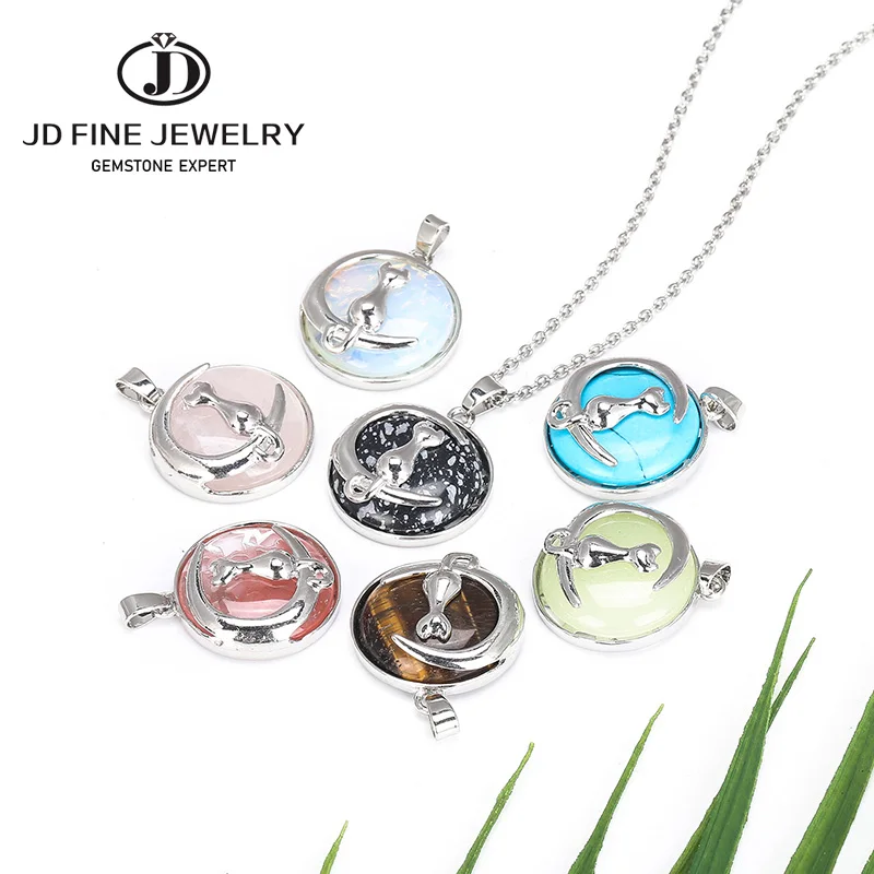 JD подвеска в виде кота для ожерелья круглые плоские бусины из натурального камня