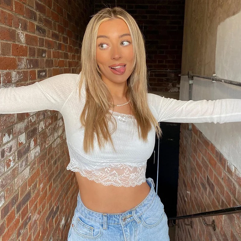 

Lace Patchwork Bow Knitted Cropped Top Women Elegant White Solid Square Collar Long Sleeve T Shirt All-match Pullovers Iamhotty