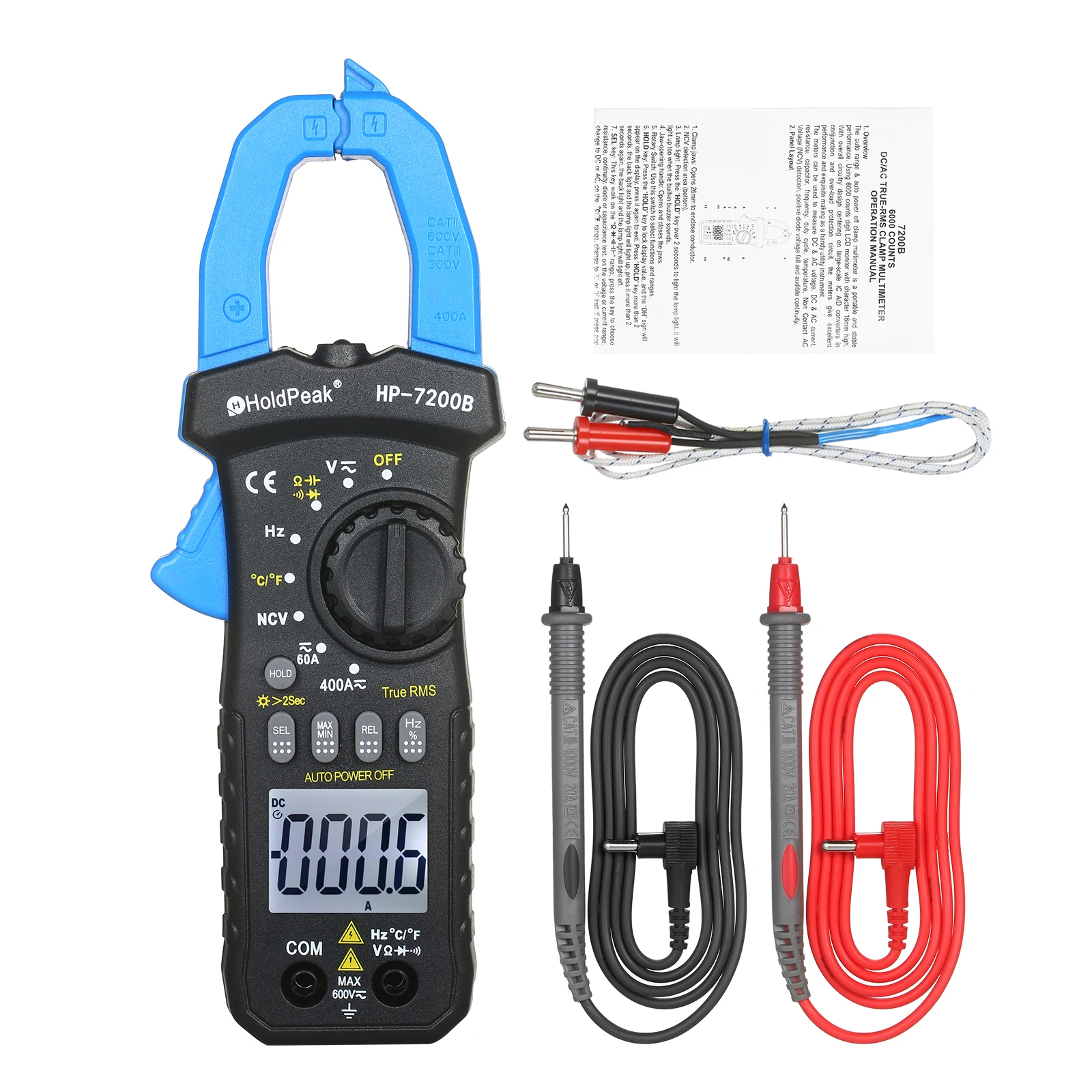 

Digital Holdpeak NCV Clamp Meter 6000 Counts Multimeter TRMS Range Volt Amp Ohm Meter Test Continuity Capacitance Temperature