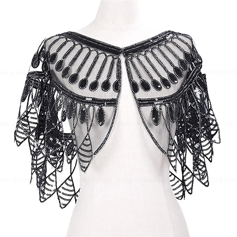 Black Shawl -A Винтажная черная сетка 1920s& блестки Хлопушка капель розовый/бежевый/Абрикосовый/розовый - Цвет: Black Shawl -A