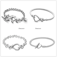 authentic 925 sterling silver bracelet knotted heart embellished t clasp link bangle fit women bead charm fashion jewelry