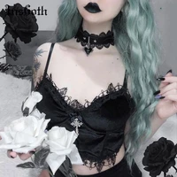 insgoth mall goth cross black camis vintage aesthetic lace patchwork velvet camisole grunge spaghetti straps v neck cropped tops