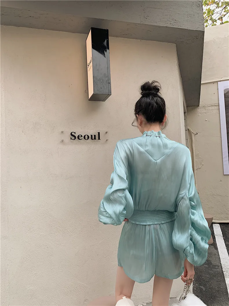 

Summer Office Lady Smock Lace-Up Bow Round Neck Shiny Silk Puff Sleeve Top Female Casual Fashion Loose Plus Size Two-Piece Set