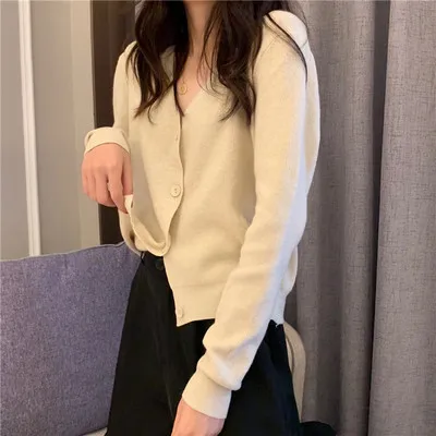 apricot Women autumn button Front Crop Knitted Top V-neck Ribbed Knit Cardigans Crop Knitted soft sweater for women - Цвет: apricot