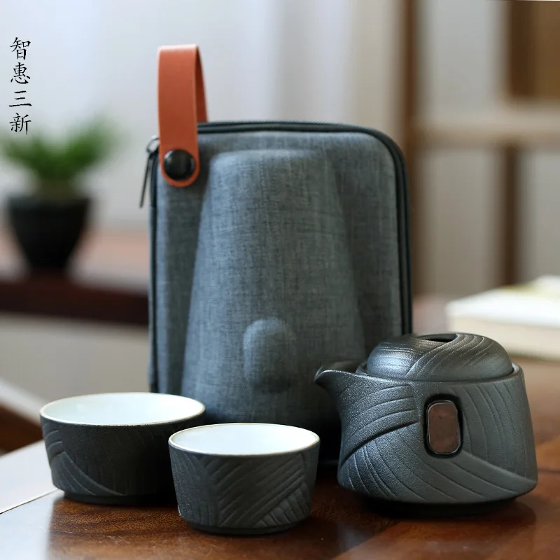 

Retro Ceramic Travel Tea Set Chinese Trend Designer Teaware Portable Bag One Pot Two Cups Kung Fu Teaset Business Gift Friend