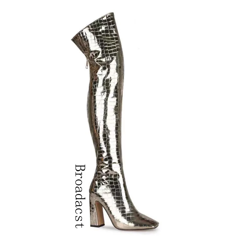 Broadcast Autumn and Winter Womens Boots 2021 New Square Toe Back
Zipper Fashion PU Thick High Heel Over The Knee Womens Boots