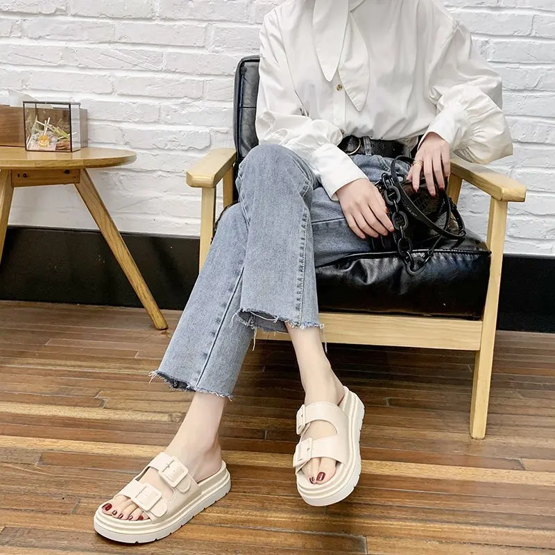 

New Summer Women's Sandals Stitching Surface Buckle Thick Bottom Sports Harajuku Style Beach Flat Casual Shoes Zapatos De Mujer