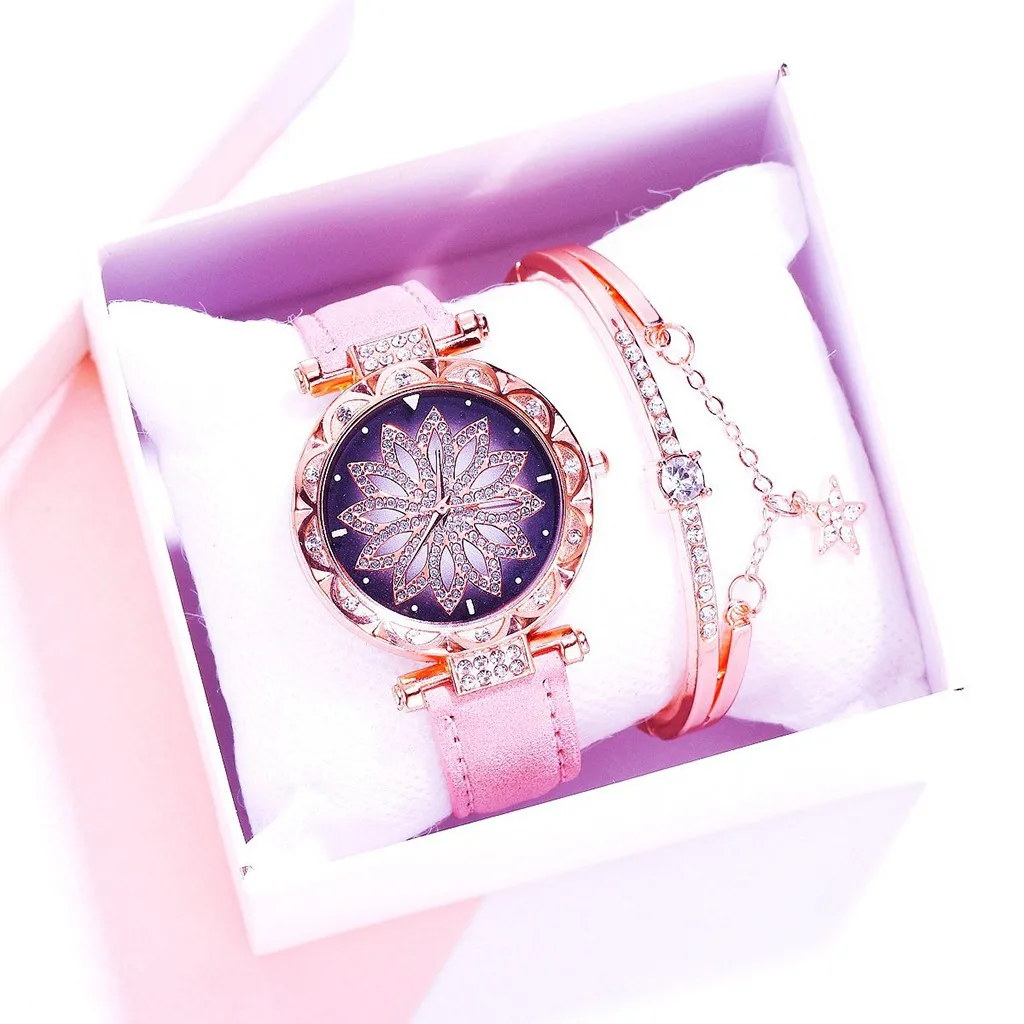 

ас Fashion gorgeous party ladies watch star shiny flower belt leather ladies watch star bracelet quartz watch gift for girl 5*