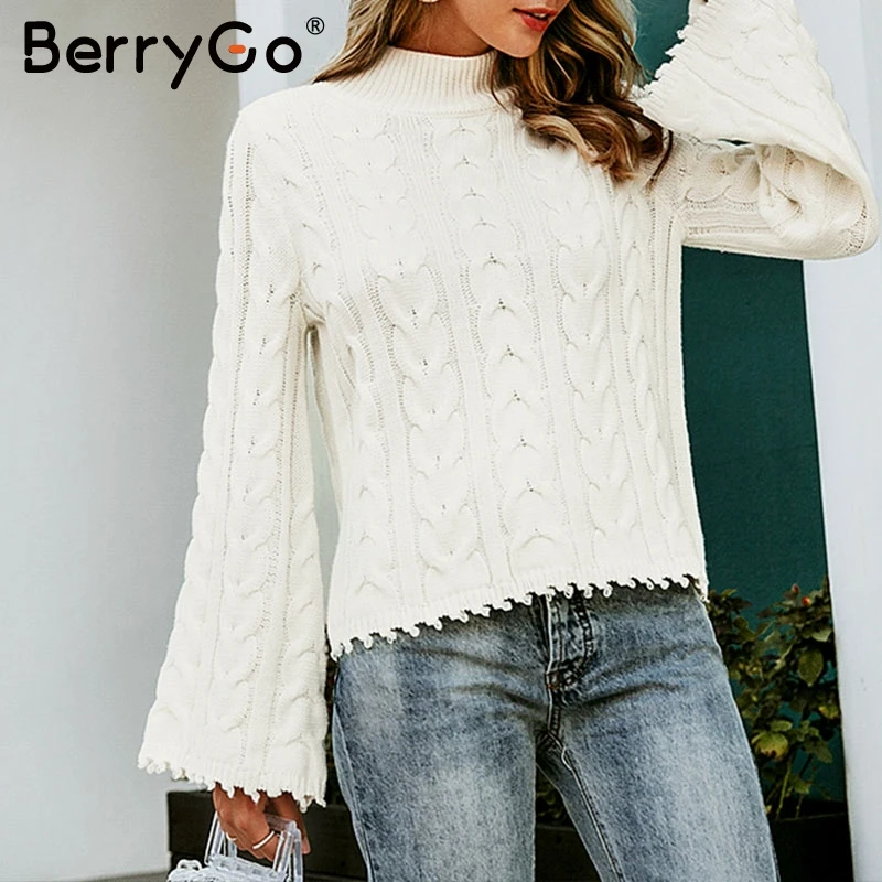 BerryGo White turtle neck women sweater Flare sleeve tassel female knitted pullovers jumper Autumn winter ladies sweaters 2019 | Женская