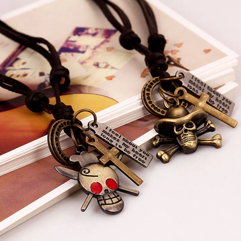 Готическое аниме цельное ожерелье из кожи плетение ручная работа Череп мужские и