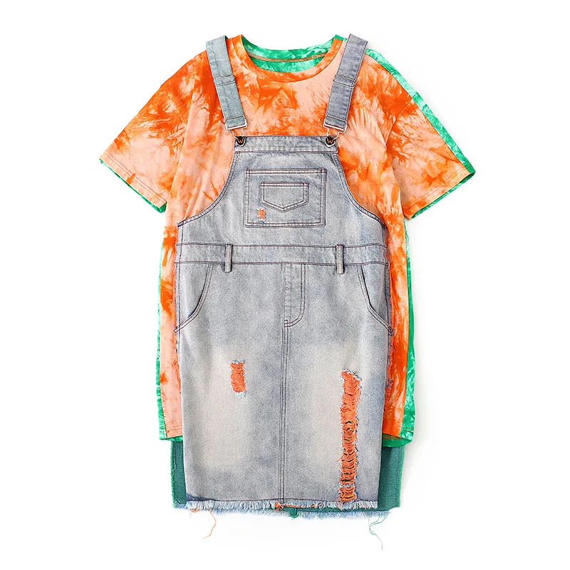 

Women's Harajuku Rainbow T-shirt Women's Loose Five-point Sleeve Contrast Color Splicing Denim Fake Two-piece Long Dress