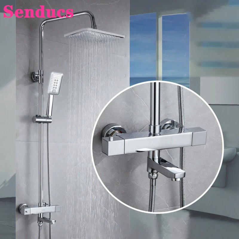 

Thermostatic Shower Faucet Set of 10 Inch ABS Rainfall Shower Head Brass Bathroom Tap Wall Mounted Thermostatic Shower System