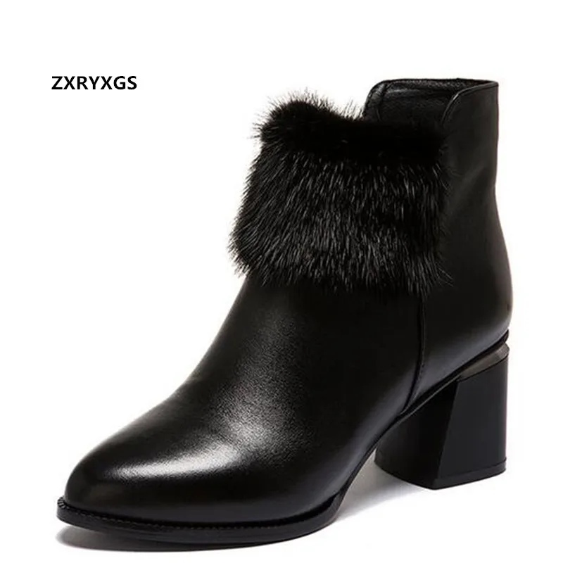 

ZXRYXGS Classic Autumn Winter Women Boots Mid-heel Martin Boots New Elegance Black Genuine Leather Boots Women Ankle Boots