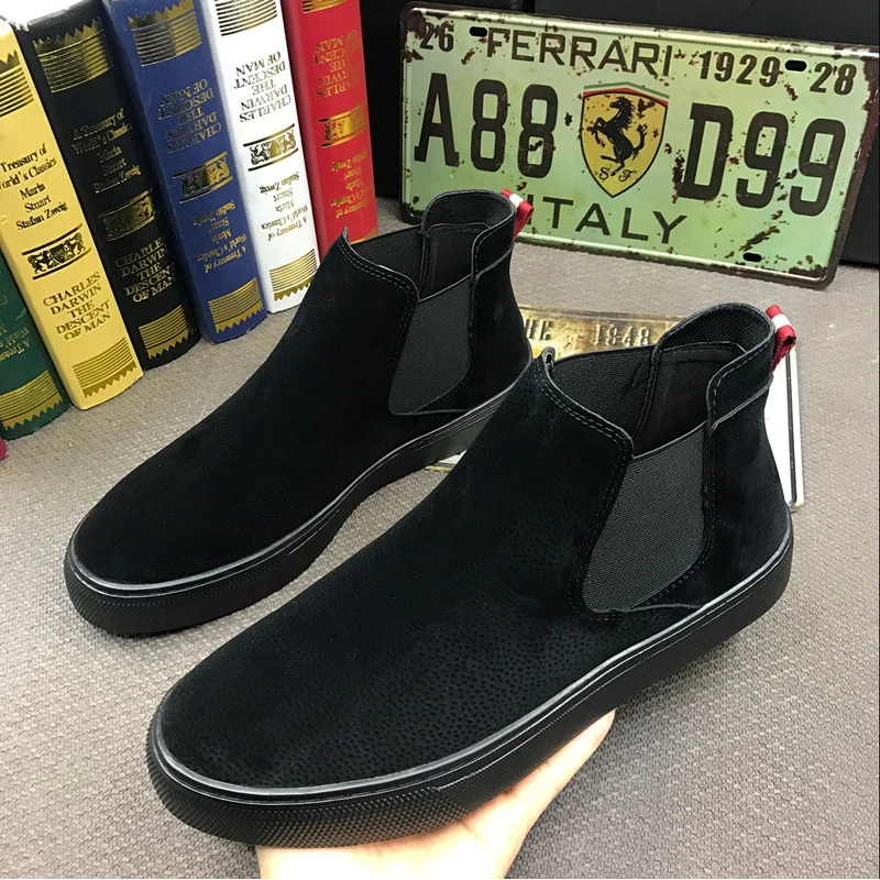 

Мужские повседневные деловые Свадебные строгие ботинки из коровьей замши, черные ботинки на плоской подошве, ботильоны челси, мужские боти...