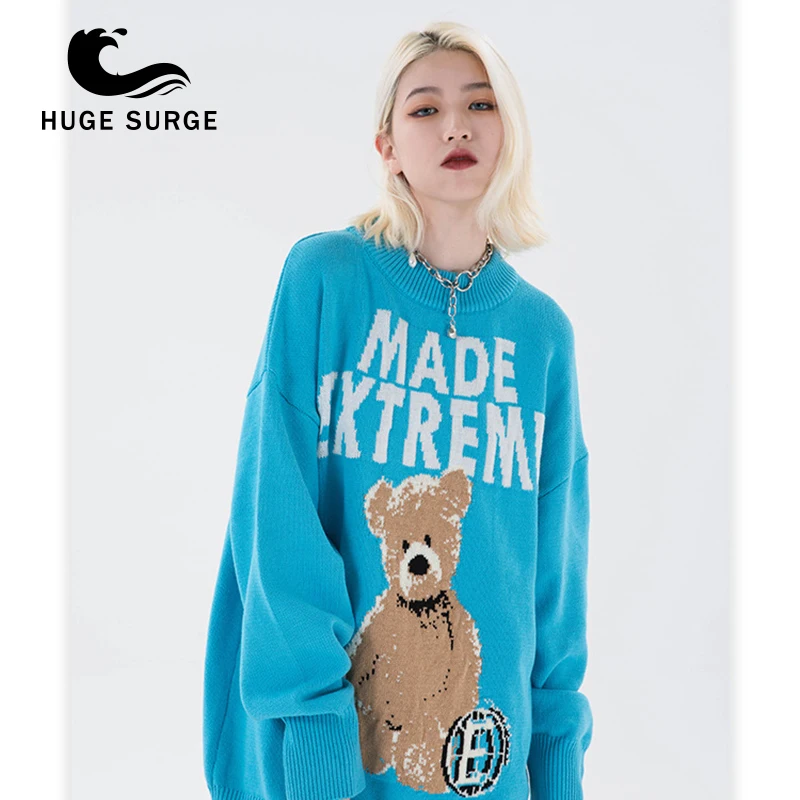 

HUGE SURGE Sweater Men Hit Color Cartoon Bear Tassel Knitted Pullovers Men O-neck Harajuku High Street Autumn Streetwear Couple