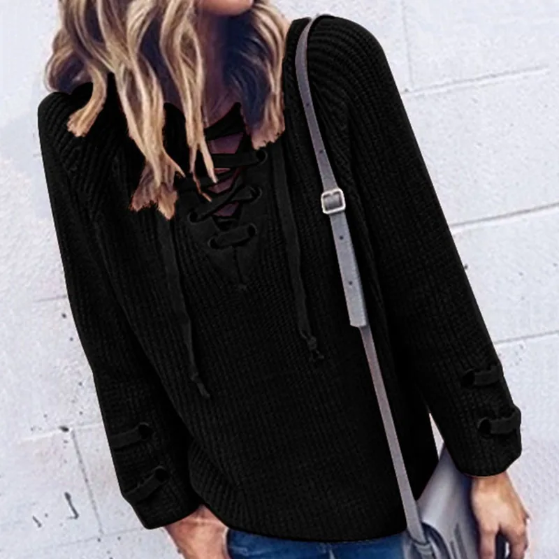 

Europe style plus size sexy lace up v-neck woman sweater fashion solid pullover long sleeve knit casual female sweater