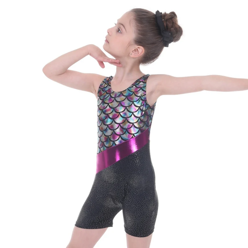 

3-12 Years Girls Leotard For Gymnastics Ballet Teens Sleeveless Mackerel Scale Glitter Leotards Kids Dance Wear
