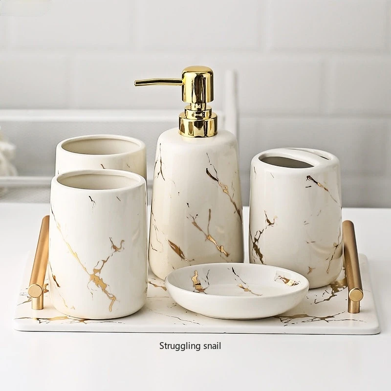 

Ceramic Toiletries Bathroom Set Marble Porcelain Cup Toothbrush Holder / Soap Dispenser / Tray Bathroom Decoration Accessories