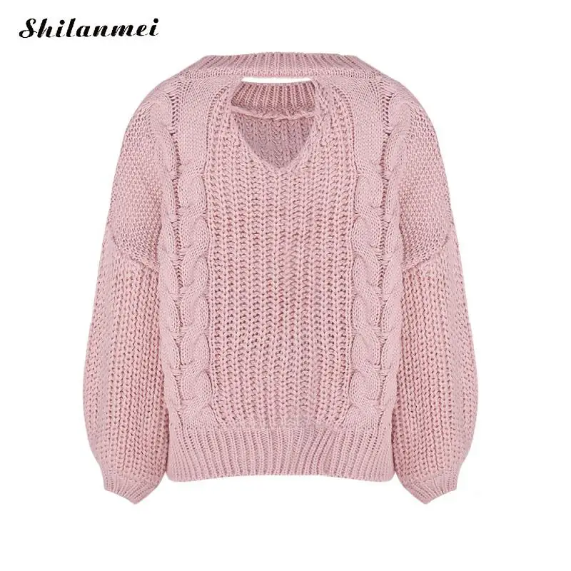 

2019 Women Fashion Sweet Elegant Twist Knitted Pullovers Long Sleeve O Neck Solid Yellow Pink Casual Loose Pullovers Para Mujer