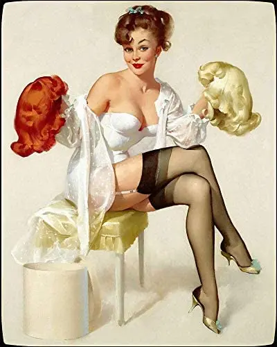 

Pin Up Girl Wigs Vintage Metal Tin Sign Wall Plaque Tin Metal Sign Pinup Girl Cafe Art Decor Bar Pub 12X16 inch