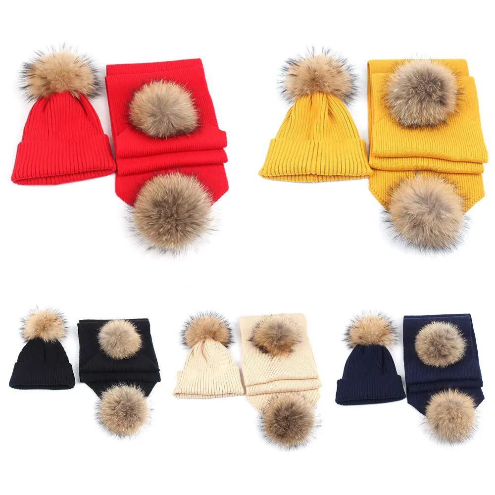 

Winter Parent-child Knitted Hat Scarf Set Cap Kids Warm Beanie Hat with Double Fur Pompom Ball for Baby Photography Props