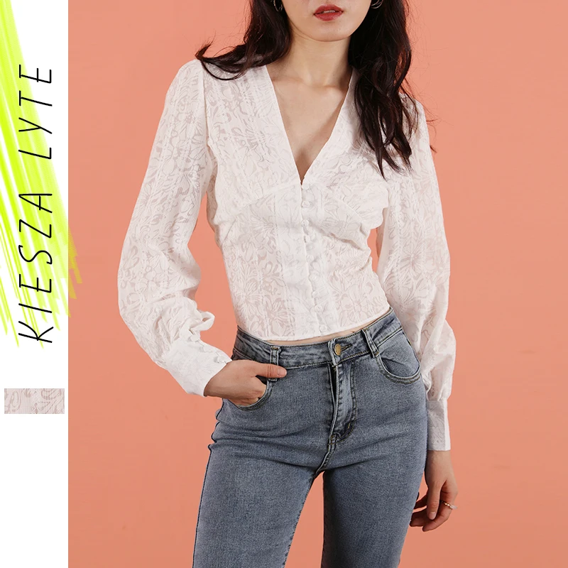 Женские блузки весна 2020 новинка прозрачные белые с высокой талией длинным