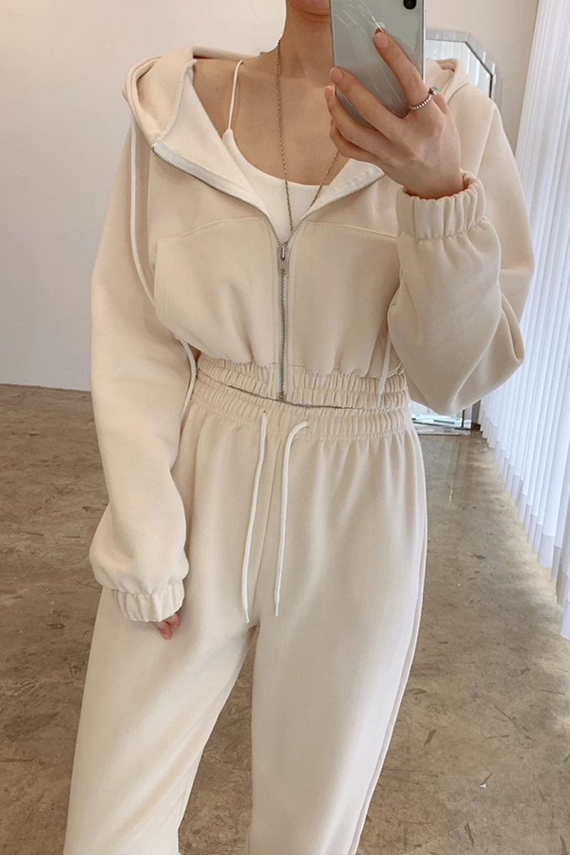 

Korean style autumn all-match loose zipper hooded sweater + high waist corset leisure trousers sports two-piece suit